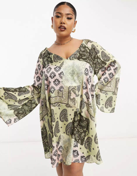 ASOS DESIGN Curve v-neck kimono sleeve mini smock dress with cross back in mixed paisley