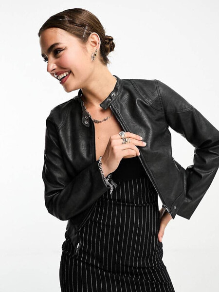 Cotton:On stretch faux leather moto jacket in washed black