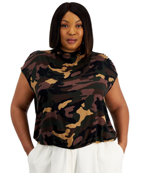 Trendy Plus Size Camo-Print Mock Neck Top, Created for Macy's