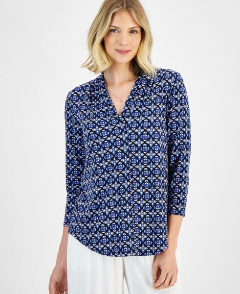 Women's Printed 3/4 Sleeve Pleated-Neck Top, Created for Macy's