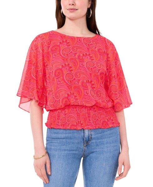 Women's Smocked-Hem Paisley-Print Wide-Sleeve Top