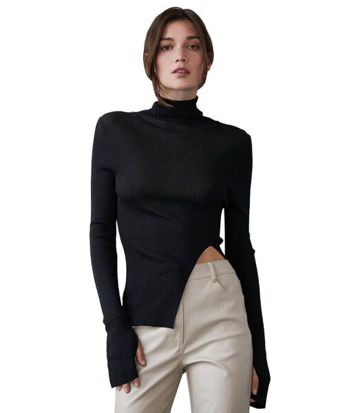 Women's Olive Ribbed Turtleneck Slit Front Top