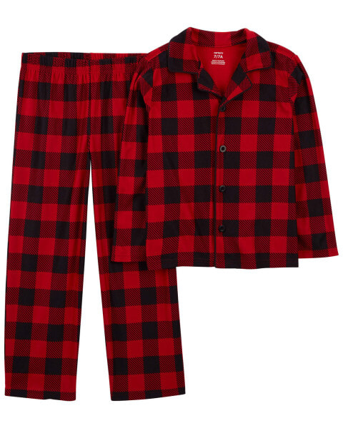 Kid 2-Piece Buffalo Check Fleece Coat Style Pajamas 4