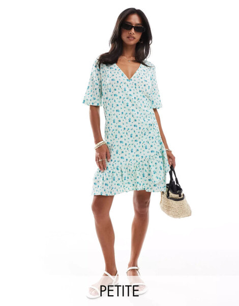 Vero Moda Petite wrap front mini dress in light blue floral