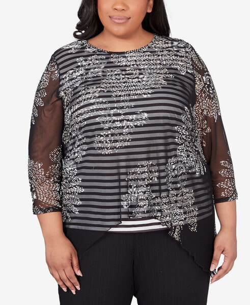 Plus Size Opposites Attract Floral Mesh Stripe Top