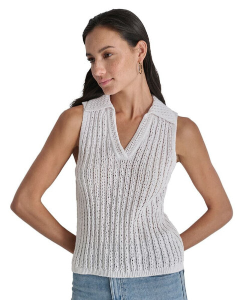 Women's Lacey Stitch Collared Sleeveless Sweater