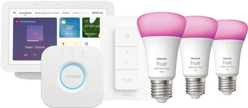 Philips Hue White and Color Starter Pack E27 3-pack + Dimmer + Bridge + Google Nest Hub 2