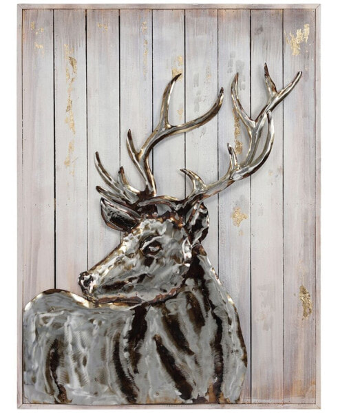 Deer 2Handed Painted Iron Wall sculpture on Wooden Wall Art, 40" x 30" x 2.8"