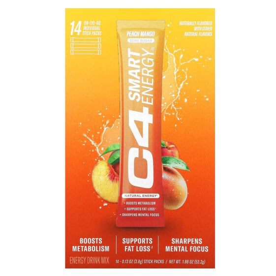 C4 Smart Energy Drink Mix, Peach Mango, 14 Stick Packs, 0.13 oz (3.8 g) Each