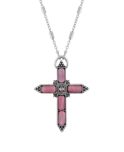 Silver-Tone Pink Moonstone Pink Crystal Cross 20" Necklace