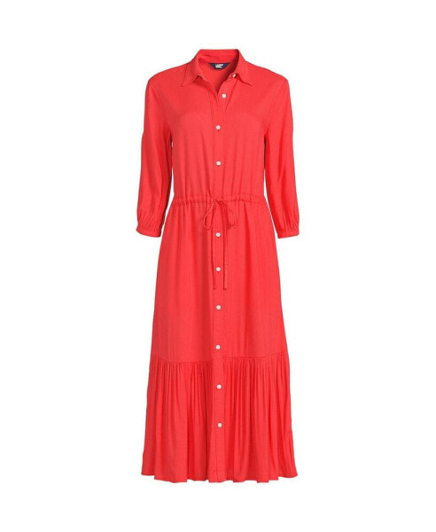 Women's Rayon Shirred Midi Shirt Dress