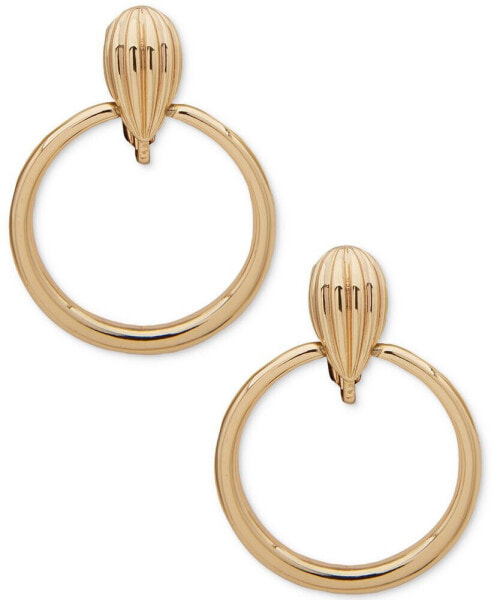 Gold-Tone Fluted Doorknocker Clip-On Drop Earrings