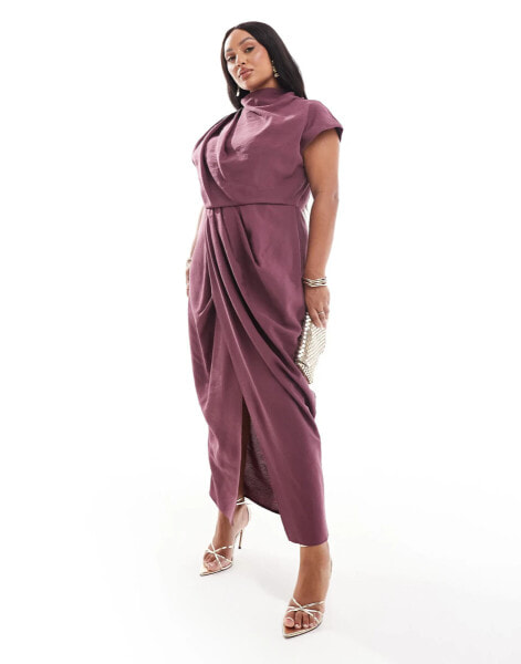 ASOS DESIGN Curve draped one shoulder high neck midi dress in aubergine