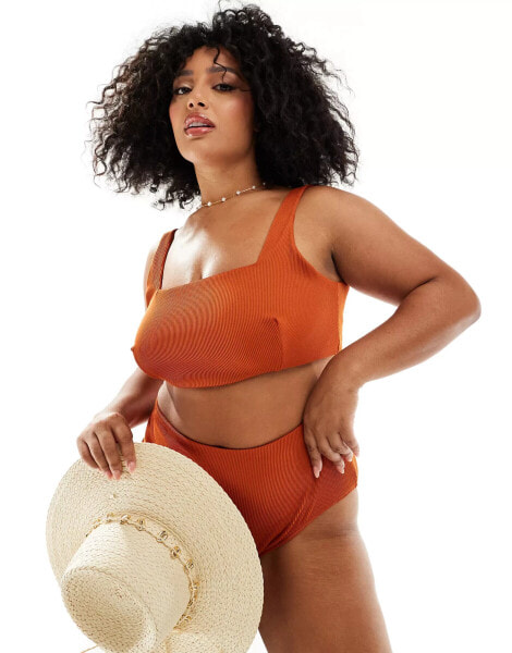 ASOS DESIGN Curve Emily rib crop bikini top in rust