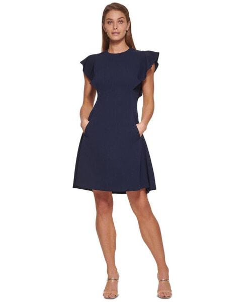 Petite Flutter-Sleeve Seamed Fit & Flare Dress