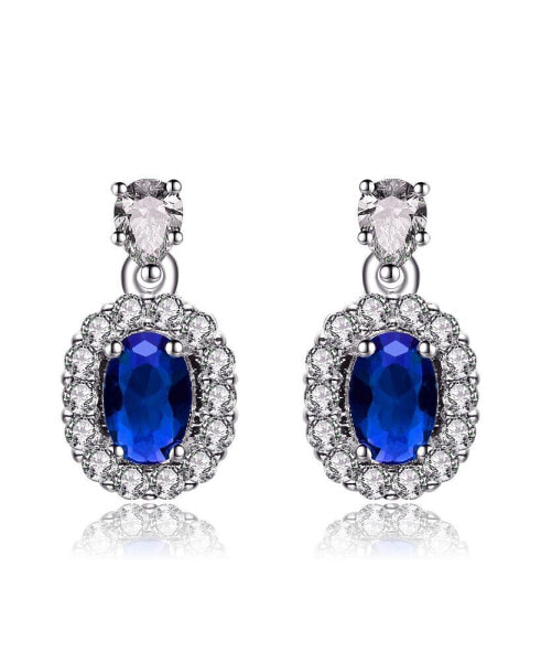 Sterling Silver White Gold Plated Sapphire Blue Oval Cubic Zirconia with Clear Pear and Round Cubic Zirconias Accent Earrings