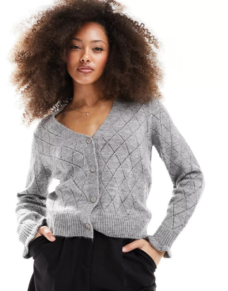 JDY diamond knit cardigan with lettuce sleeve in grey melange