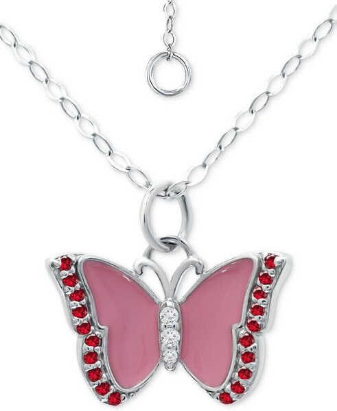 Cubic Zirconia & Pink Enamel Butterfly Pendant Necklace in Sterling Silver, 16" + 2" extender, Created for Macy's