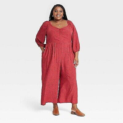 Women's Plus Size Puff 3/4 Sleeve Jumpsuit - Knox Rose Red Dot 1X