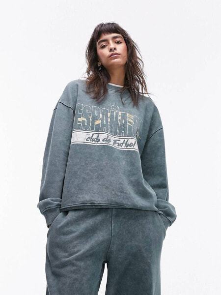 Topshop co ord graphic espana 89 oversized vintage wash sweat in dark green