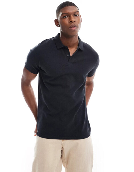 Threadbare jersey polo shirt in black with ribbed collar