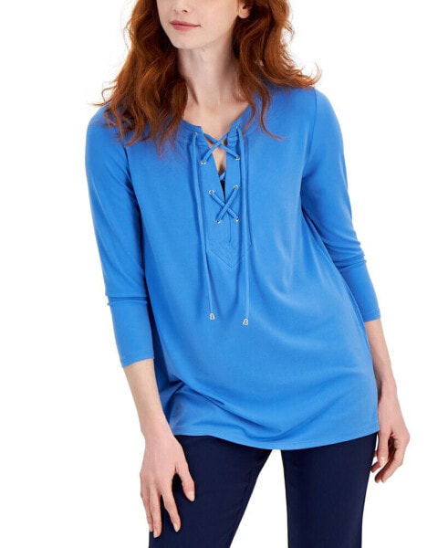 Women's Solid 3/4 Sleeve Lace-Up Knit Top, Created for Macy's