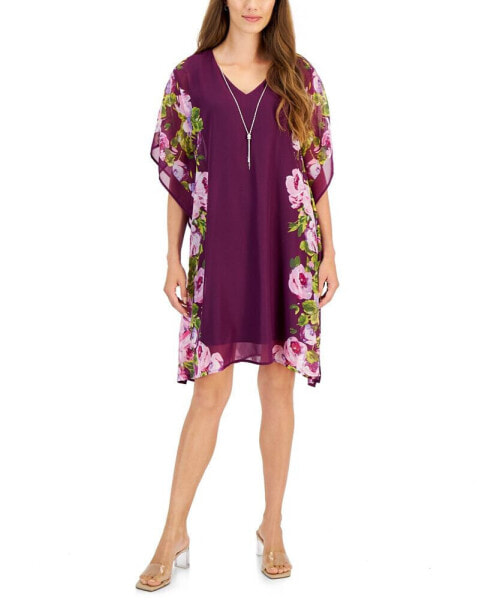 Women's Floral Poncho-Sleeve Necklace Dress, Created for Macy's