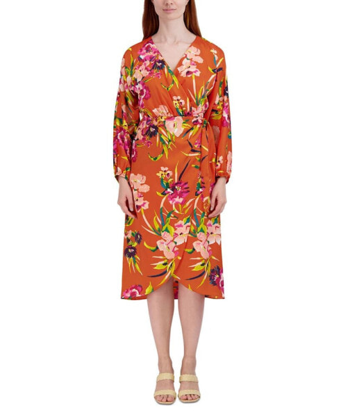 Women's Printed Faux-Wrap Long-Sleeve Dress