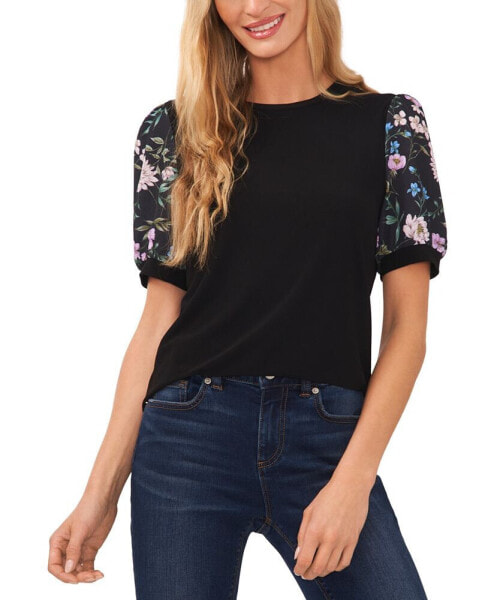 Women's Floral Mixed Media Short Puff Sleeve Knit Top