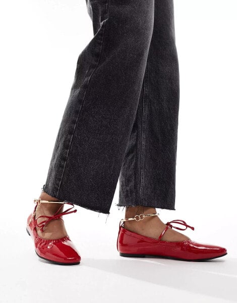 Simmi London Wide Fit Abbie Bow ballet flats with ruch detail and removable anklet in red