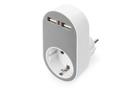 DIGITUS Universal USB Plug-in Charger with 2 x USB-A Sockets and Integrated Socket