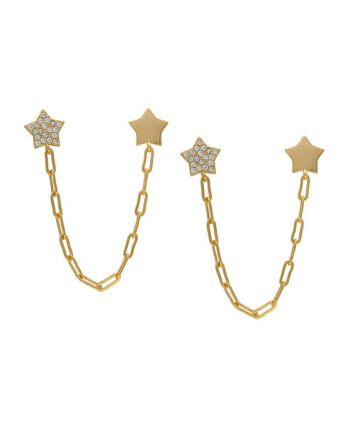 Cubic Zirconia Double Star Chain Dangling Earrings