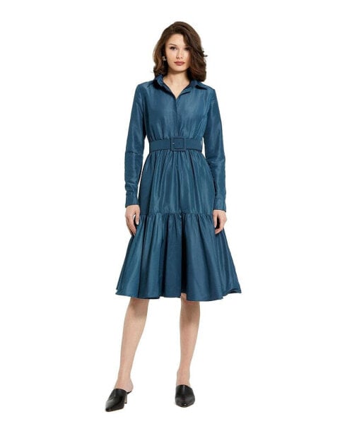 Women's Faille Long Sleeve Collared Belted Midi Dress