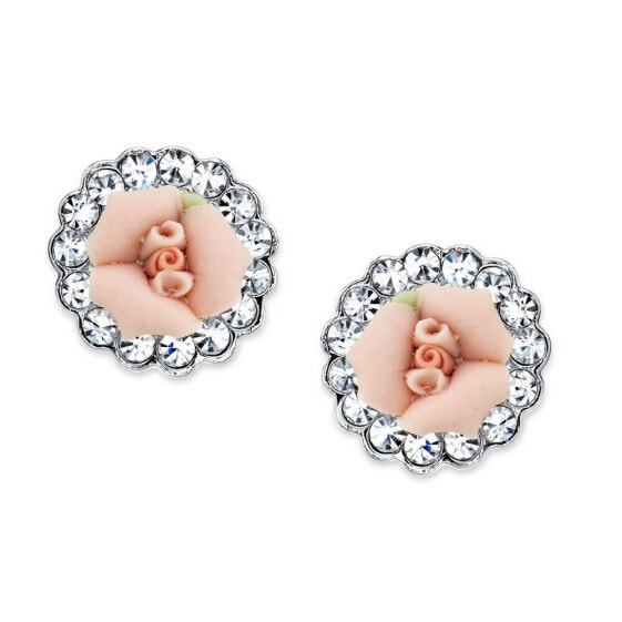 Silver-Tone Crystal and Pink Porcelain Rose Button Earrings