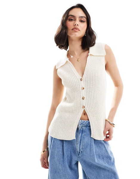 ASOS DESIGN knitted rib waistcoat with collar detail in cream