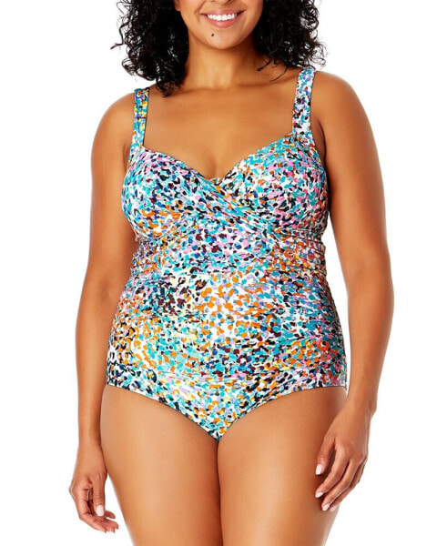 Plus Size Abstract-Print Draped-Front One-Piece Swimsuit