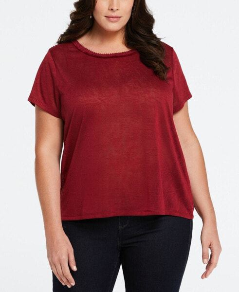 Plus Size Eco Fabric Short Sleeve Top with Decorative Trim