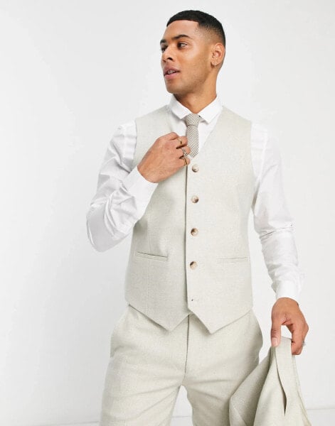 ASOS DESIGN wedding skinny wool mix waistcoat in stone basketweave texture