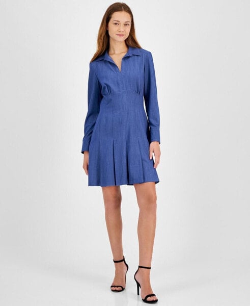 Women's Pleated-Skirt Open-Collar Long-Sleeve Dress