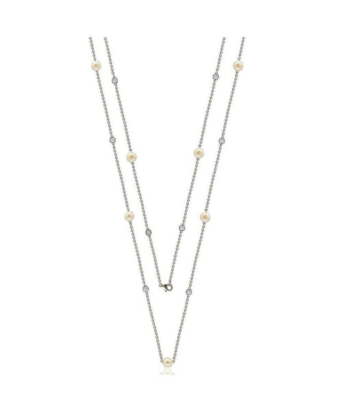 Suzy Levian Sterling Silver Pearl and Cubic Zirconia Station Necklace