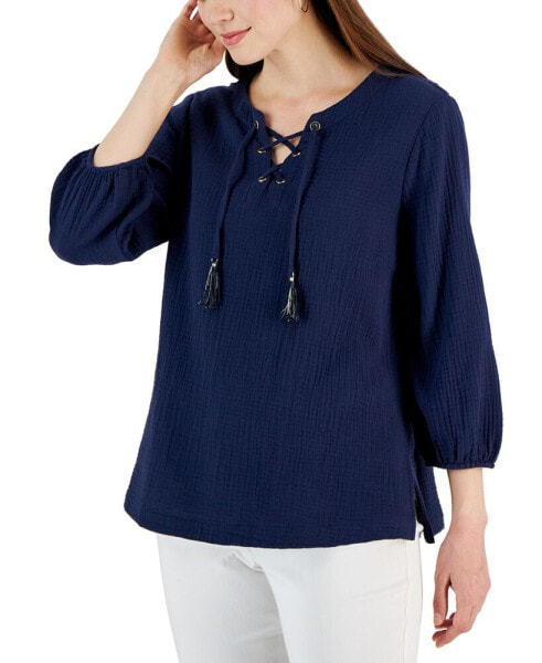 Women's Cotton Gauze Tasseled Lace-Up Top, Created for Macy's