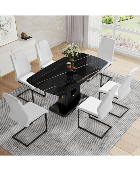 Table and chair set, minimalist dining table, imitation marble patterned glass tabletop, MDF legs with U-shaped brackets. Paired with comfortable chairs, suitable for dining and living rooms.