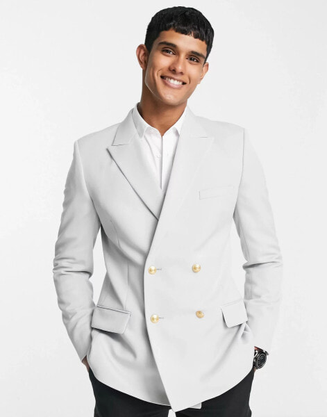 ASOS DESIGN wedding skinny blazer with gold buttons in ice grey