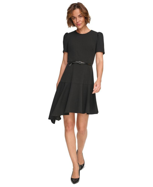 Women's Belted Asymmetric-Hem Ruffle Dress