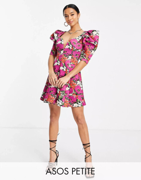 ASOS DESIGN Petite seamed mini skater dress in black floral