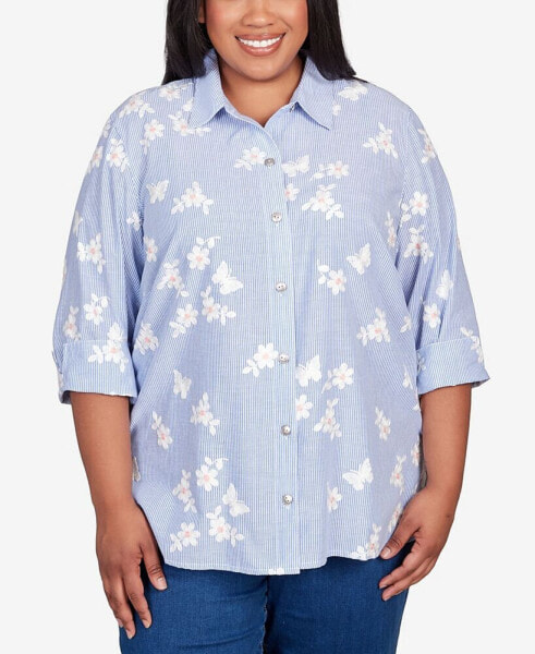 Plus Size In Full Bloom Embroidered Butterfly Stripe Button Down Top