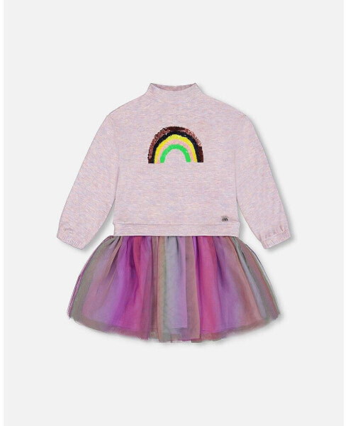 Toddler Girls Super Soft Sweatshirt Dress With Rainbow Tulle Skirt - Toddler|Child