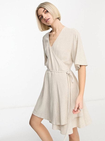 Weekday Kimberly linen mix mini wrap dress in beige