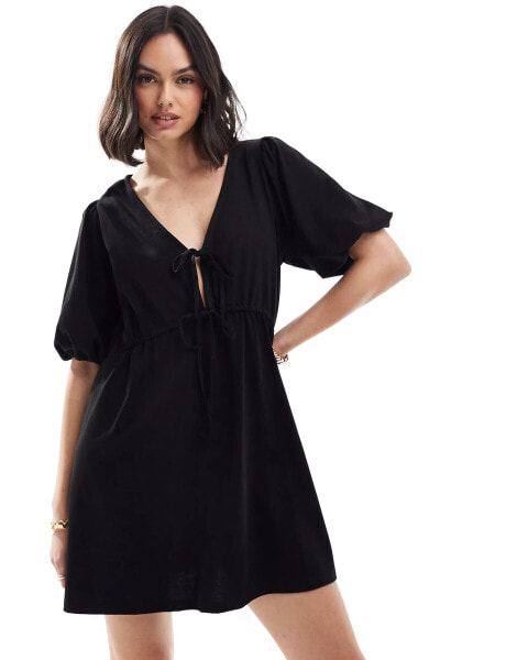 ASOS DESIGN puff sleeve with tie up bodice mini dress in black