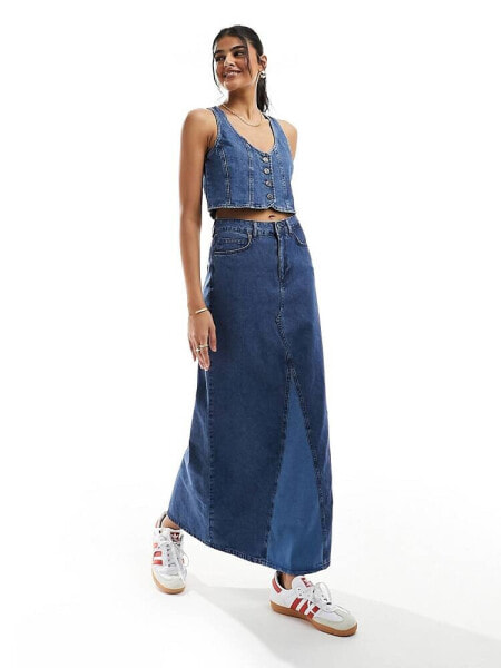 Something New Denim maxi skirt with contrast split front pannel co-ord in medium blue wash